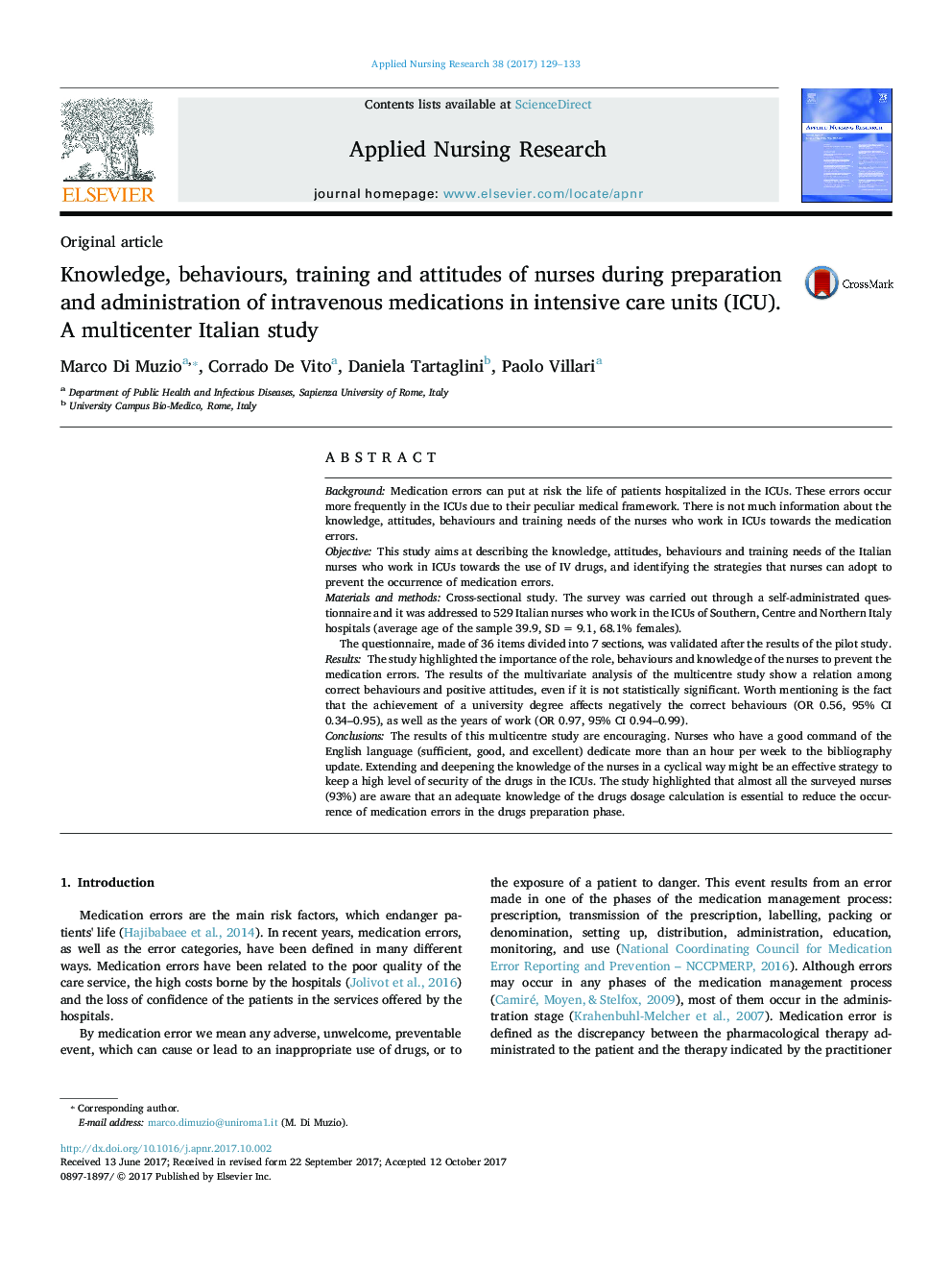 Knowledge, behaviours, training and attitudes of nurses during preparation and administration of intravenous medications in intensive care units (ICU). A multicenter Italian study