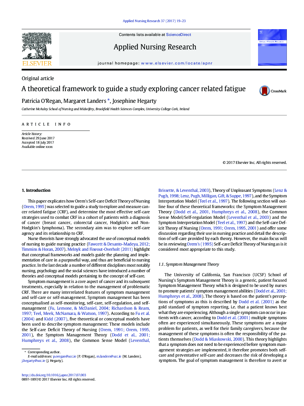 A theoretical framework to guide a study exploring cancer related fatigue