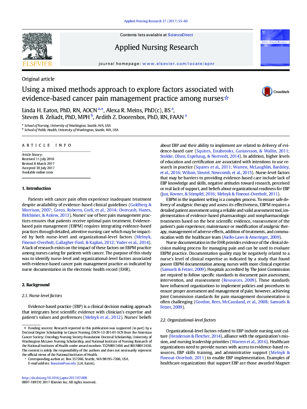 Using a mixed methods approach to explore factors associated with evidence-based cancer pain management practice among nurses