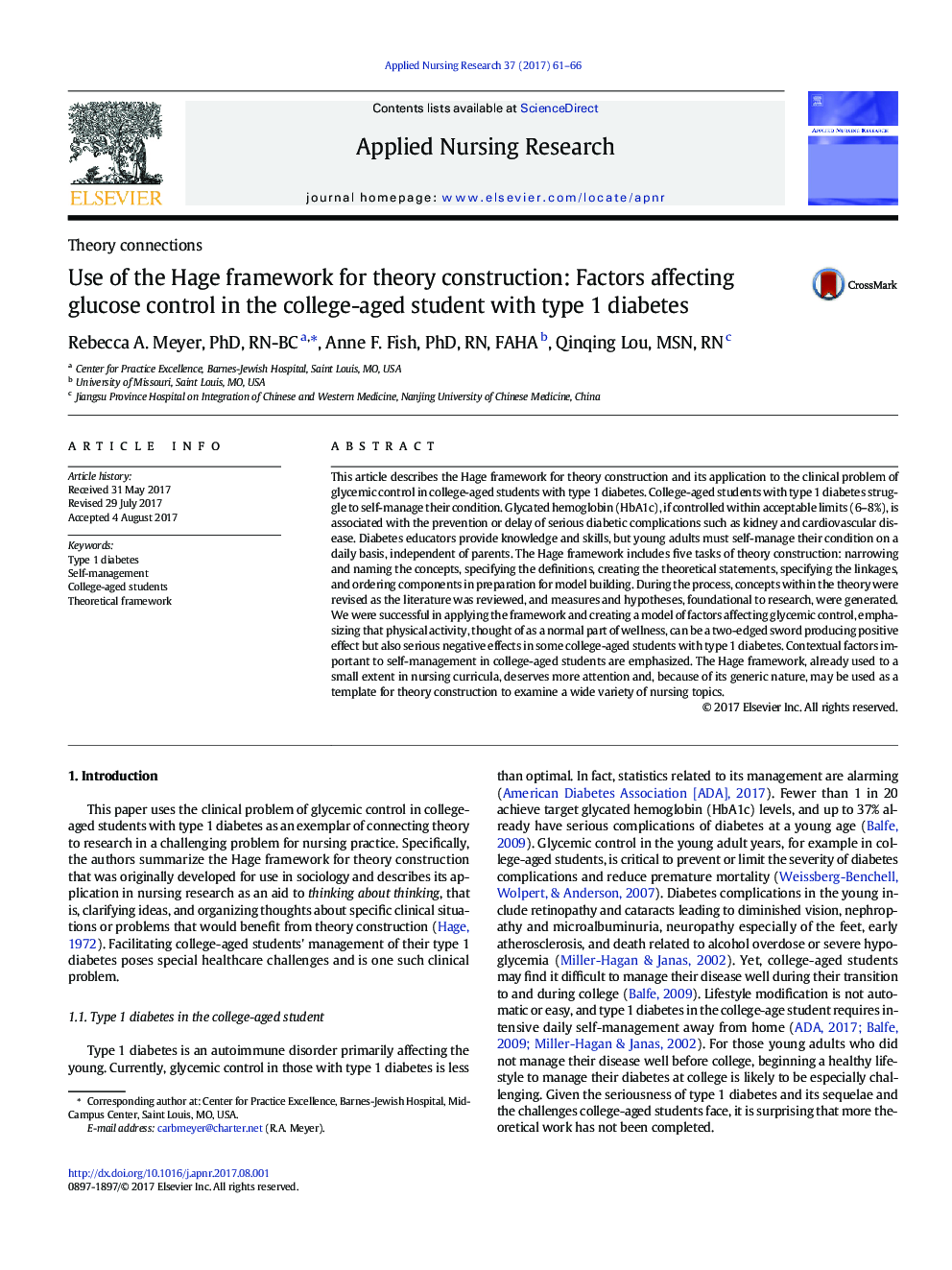 Use of the Hage framework for theory construction: Factors affecting glucose control in the college-aged student with type 1 diabetes