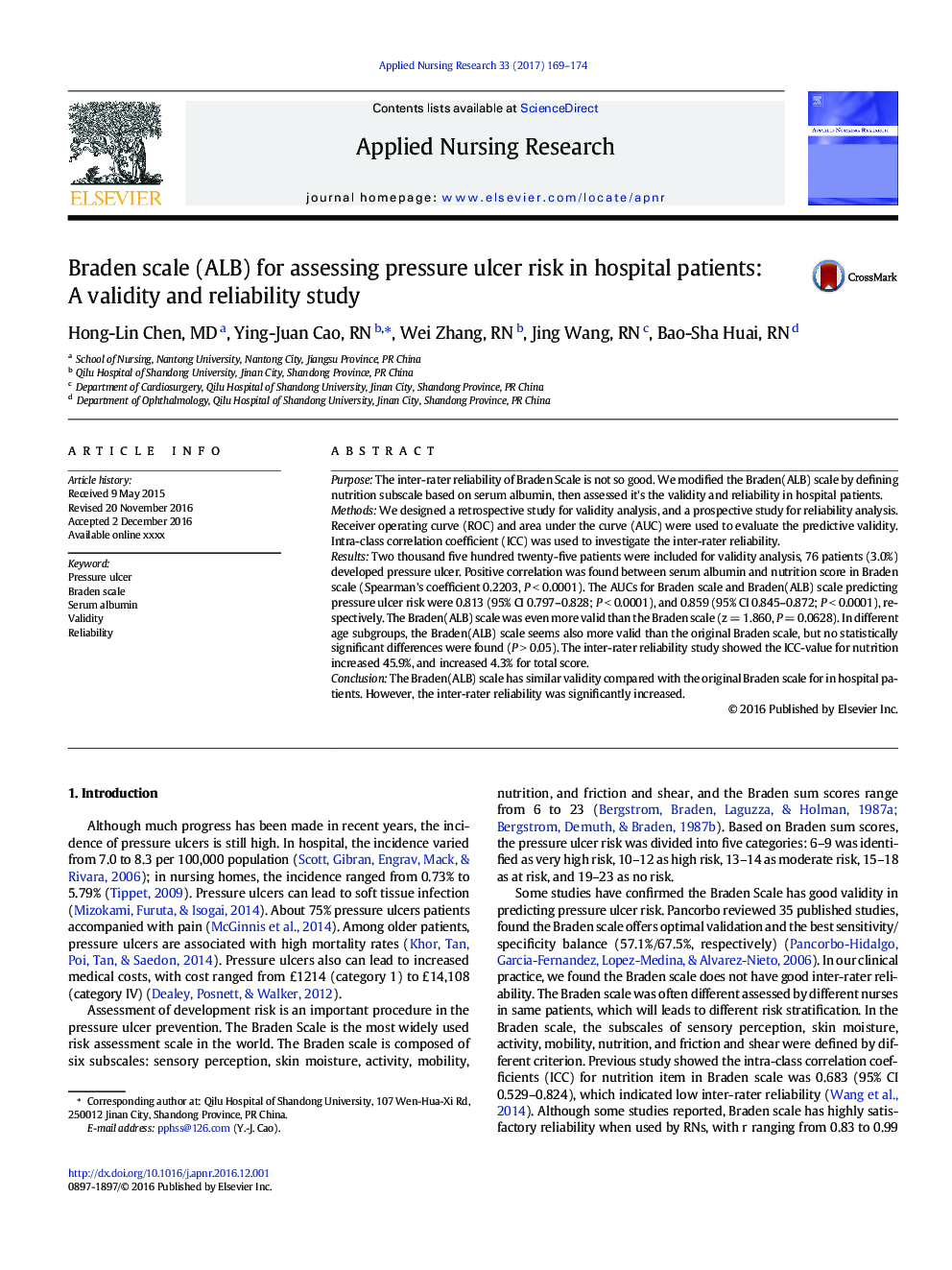 Braden scale (ALB) for assessing pressure ulcer risk in hospital patients: A validity and reliability study