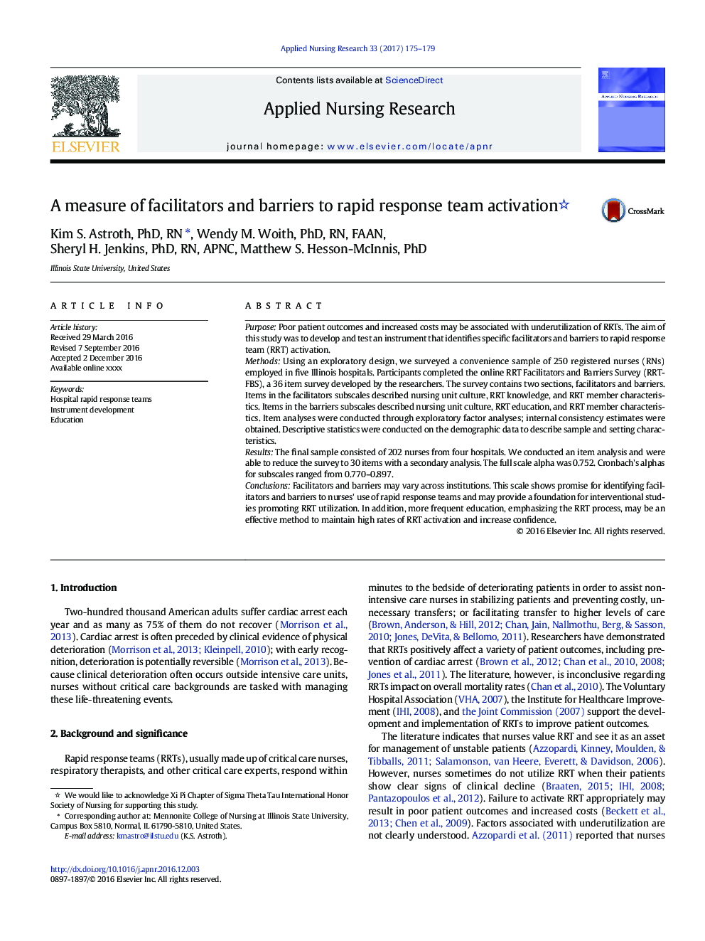 A measure of facilitators and barriers to rapid response team activation