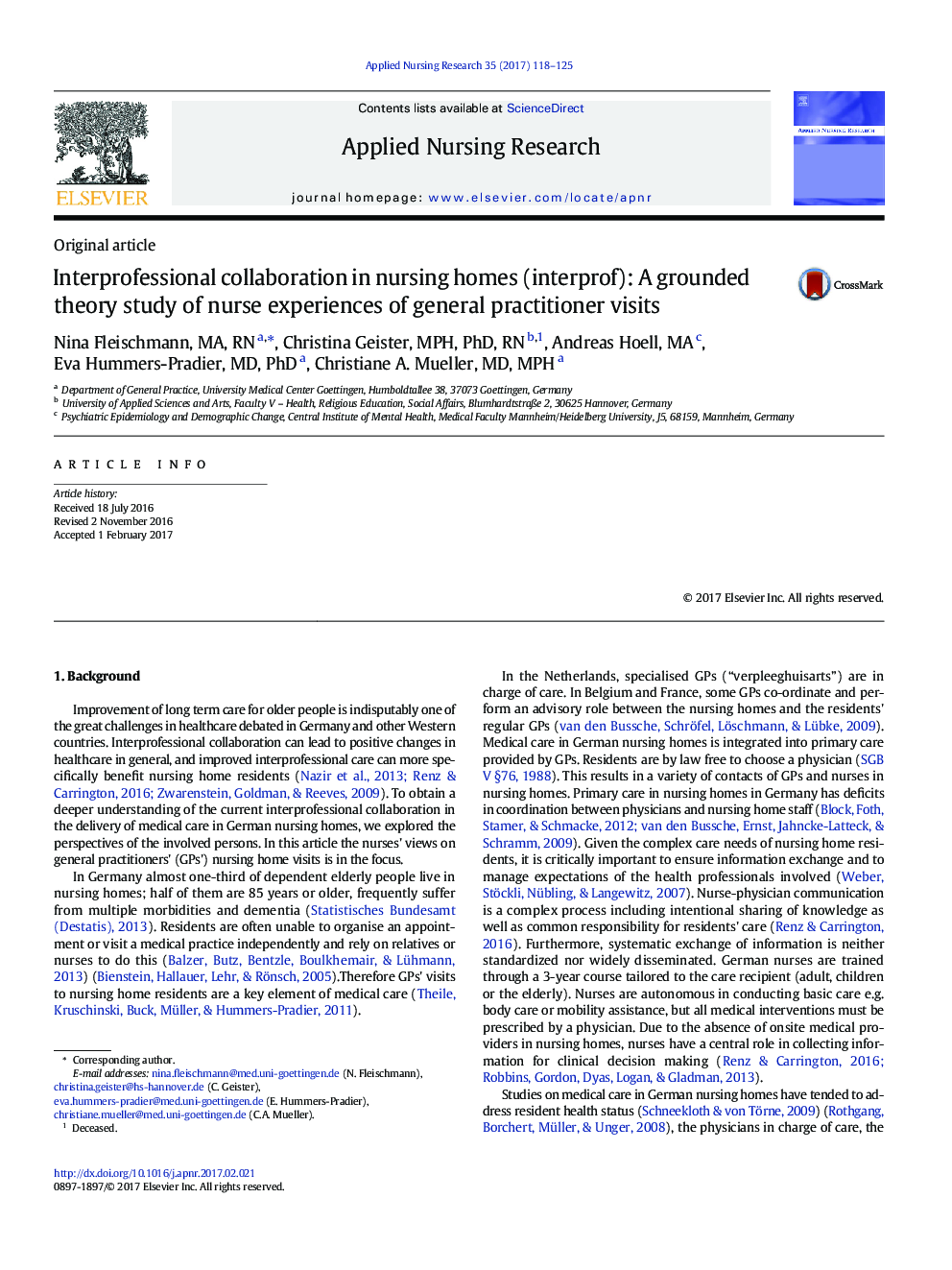Interprofessional collaboration in nursing homes (interprof): A grounded theory study of nurse experiences of general practitioner visits