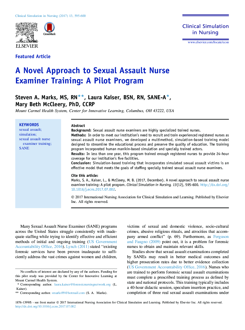 A Novel Approach to Sexual Assault Nurse Examiner Training: A Pilot Program