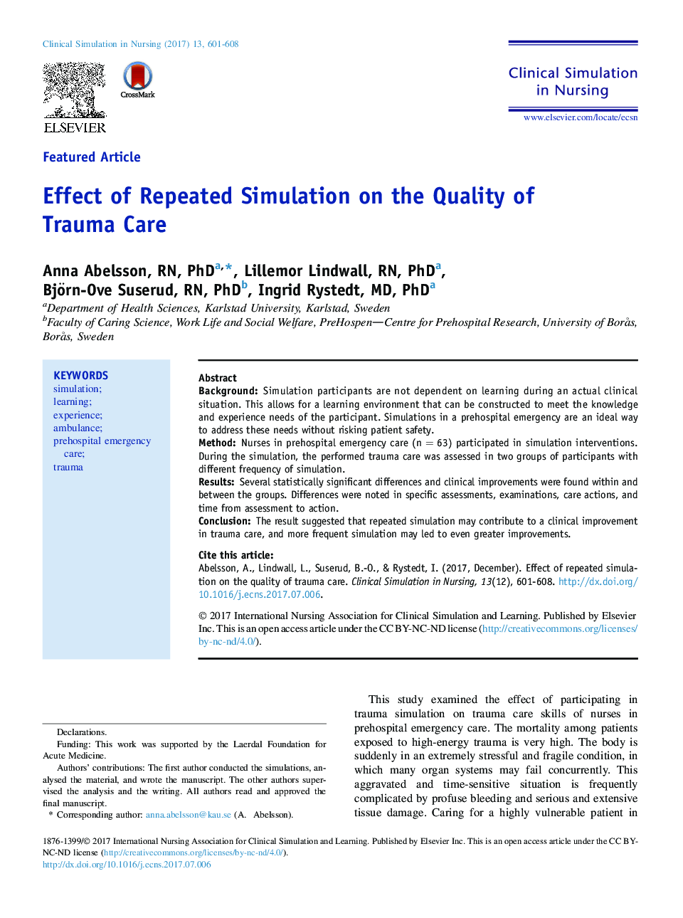 Effect of Repeated Simulation on the Quality of Trauma Care