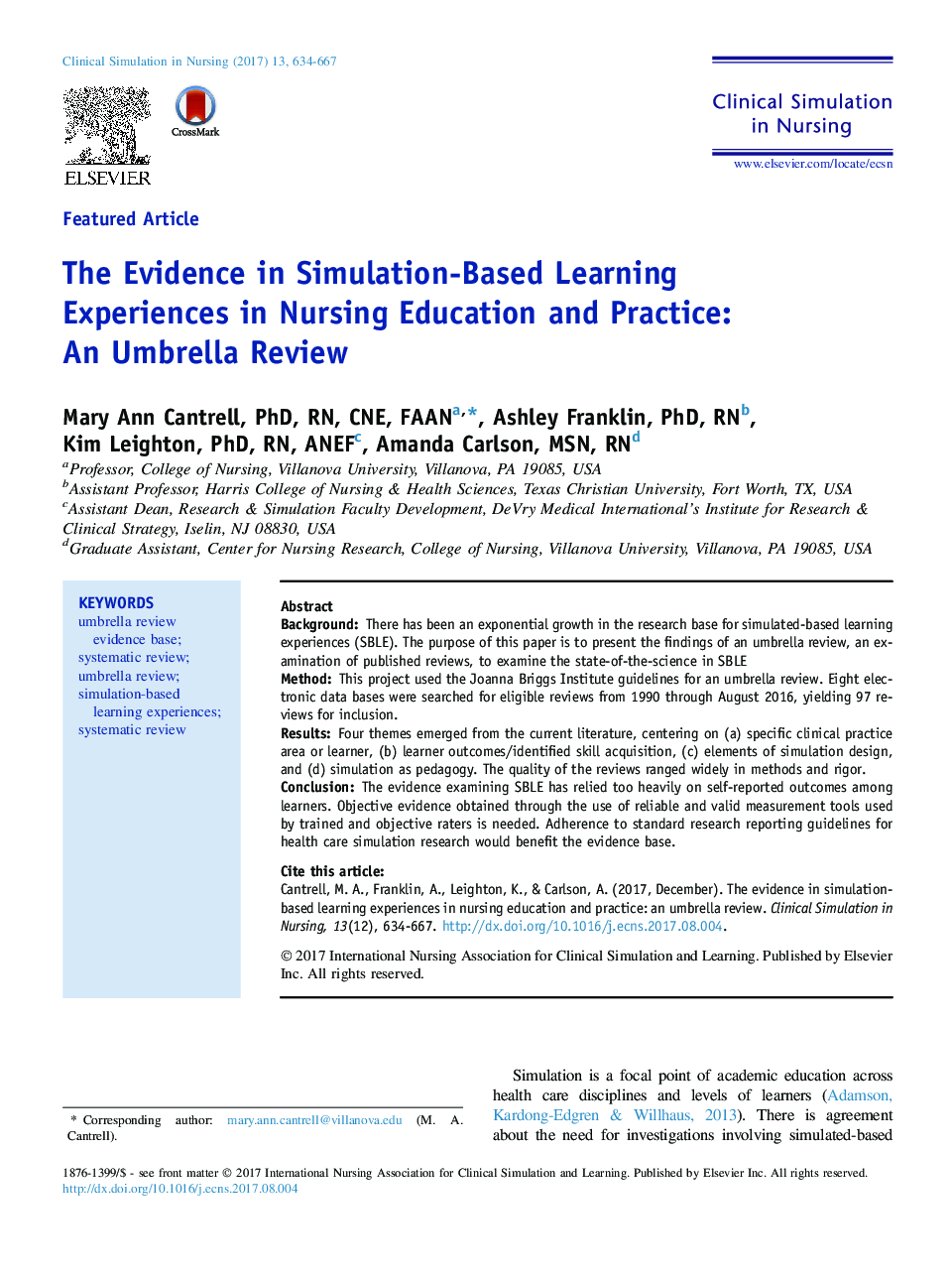 The Evidence in Simulation-Based Learning Experiences in Nursing Education and Practice: An Umbrella Review