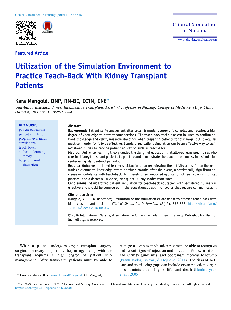 Utilization of the Simulation Environment to Practice Teach-Back With Kidney Transplant Patients