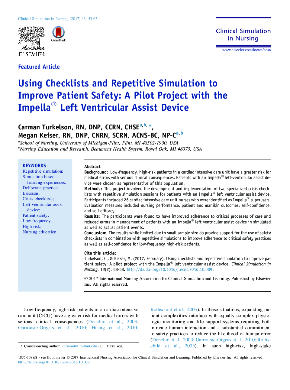 Using Checklists and Repetitive Simulation to Improve Patient Safety: A Pilot Project with the Impella® Left Ventricular Assist Device