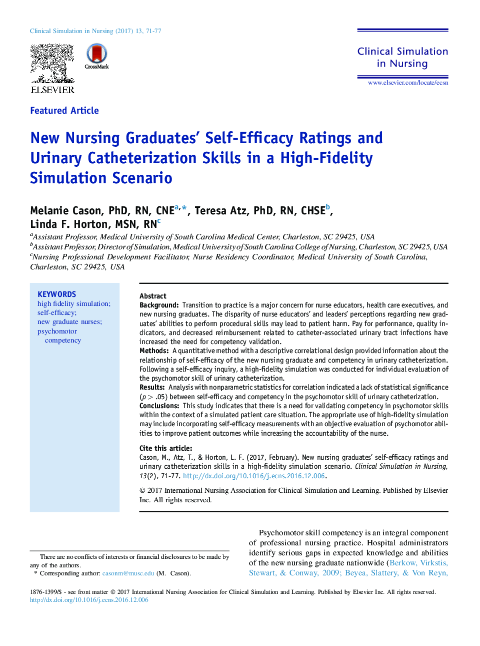 New Nursing Graduates' Self-Efficacy Ratings and Urinary Catheterization Skills in a High-Fidelity Simulation Scenario