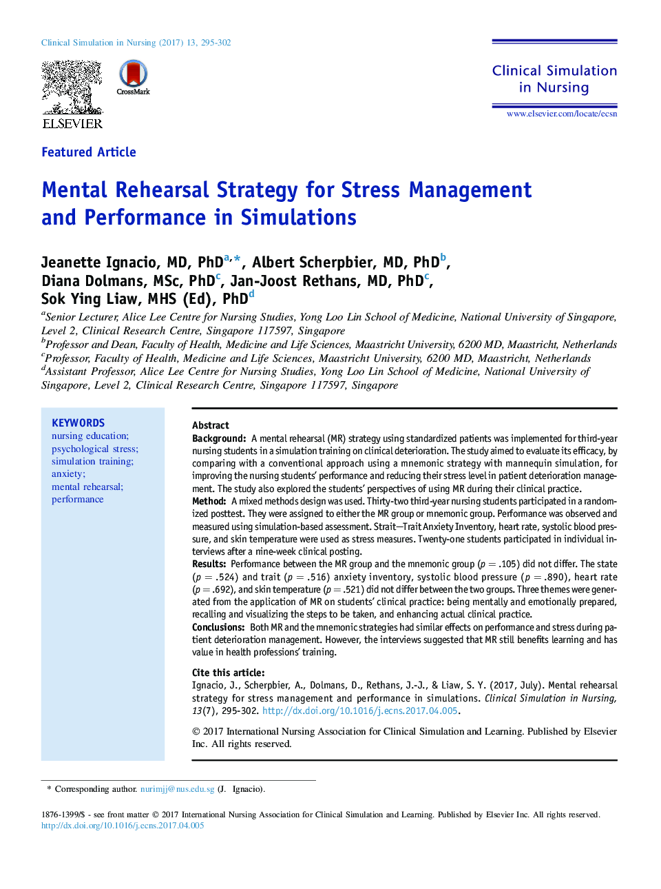 Mental Rehearsal Strategy for Stress Management and Performance in Simulations