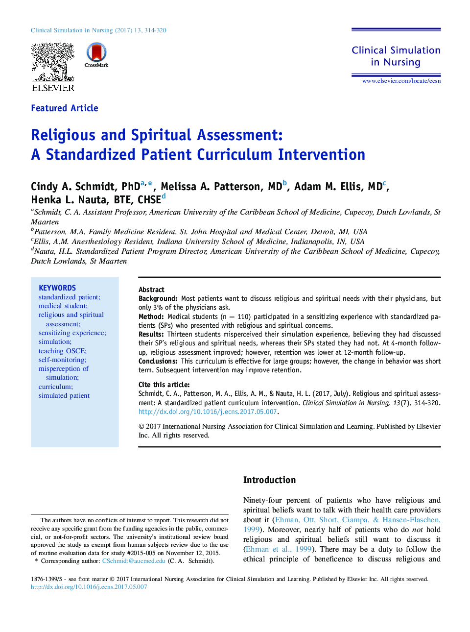 Religious and Spiritual Assessment: AÂ Standardized Patient Curriculum Intervention