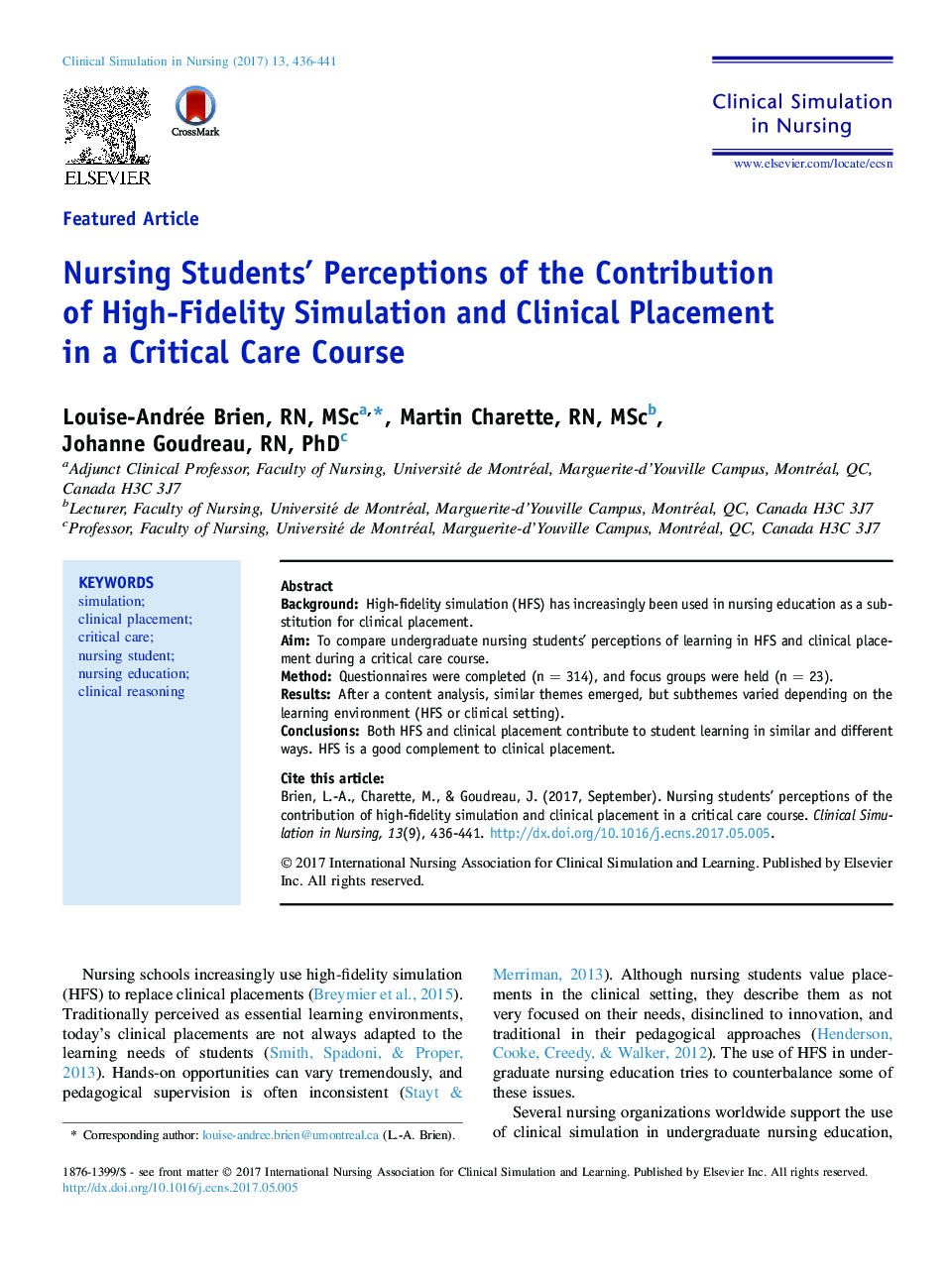 Nursing Students' Perceptions of the Contribution of High-Fidelity Simulation and Clinical Placement in a Critical Care Course