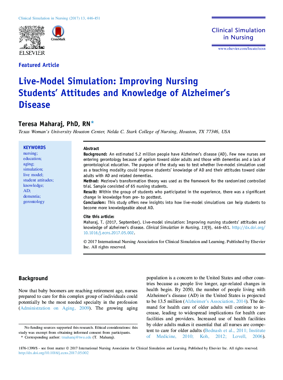 Live-Model Simulation: Improving Nursing Students' Attitudes and Knowledge of Alzheimer's Disease