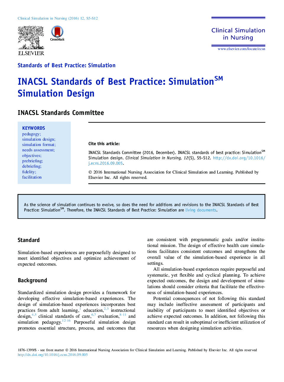 INACSL Standards of Best Practice: SimulationSM Simulation Design