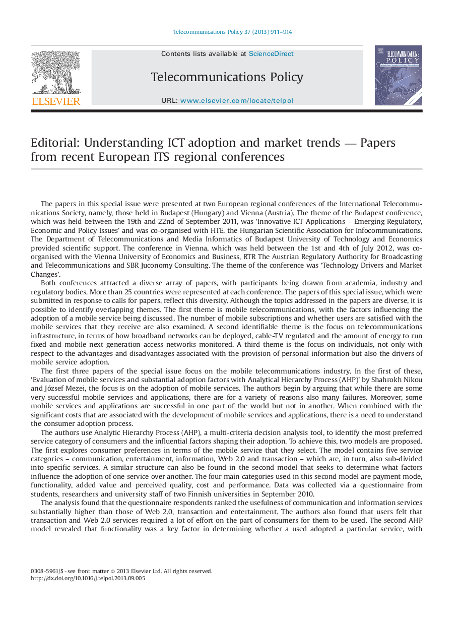 Editorial: Understanding ICT adoption and market trends - Papers from recent European ITS regional conferences