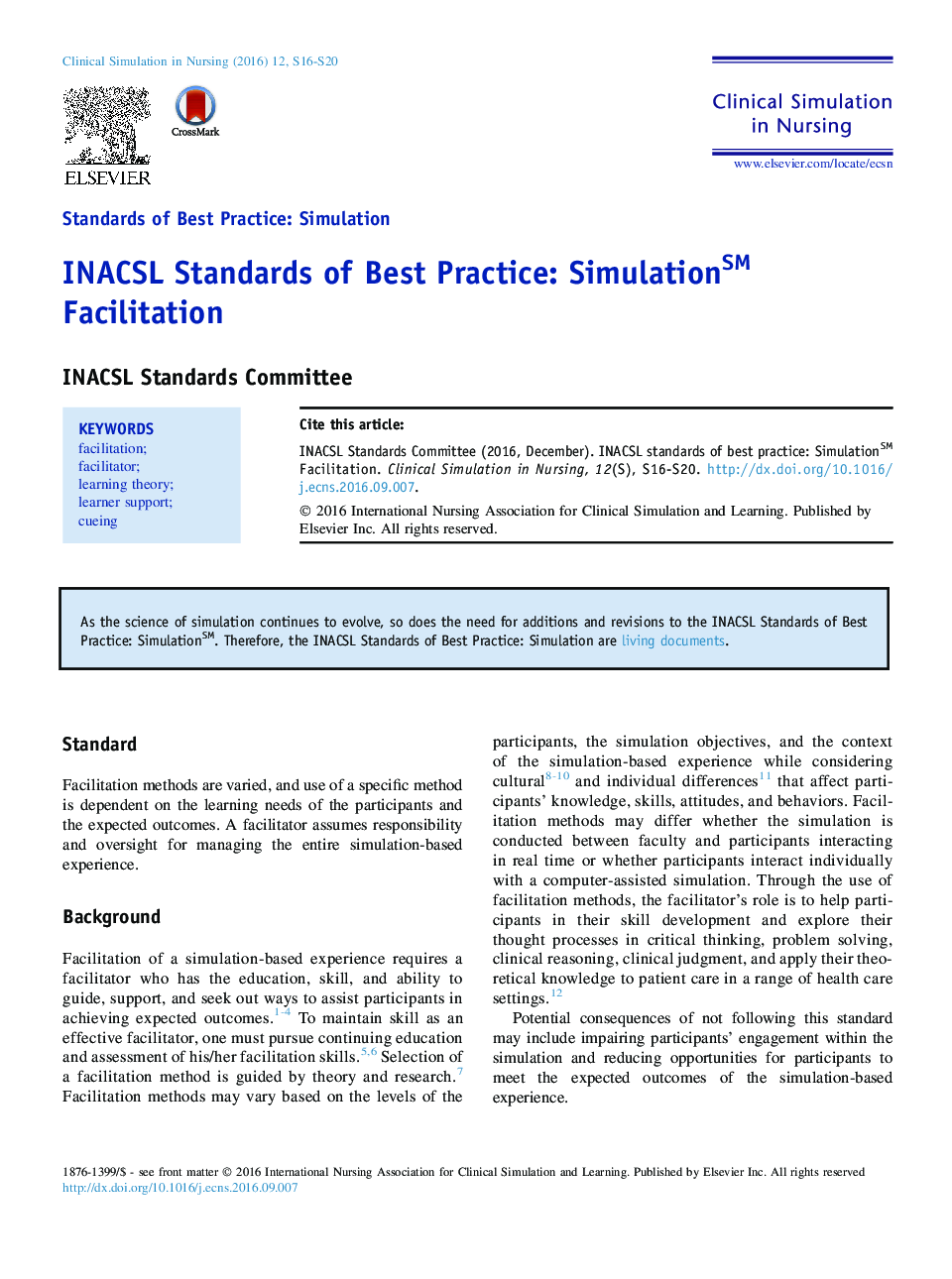 INACSL Standards of Best Practice: SimulationSM Facilitation