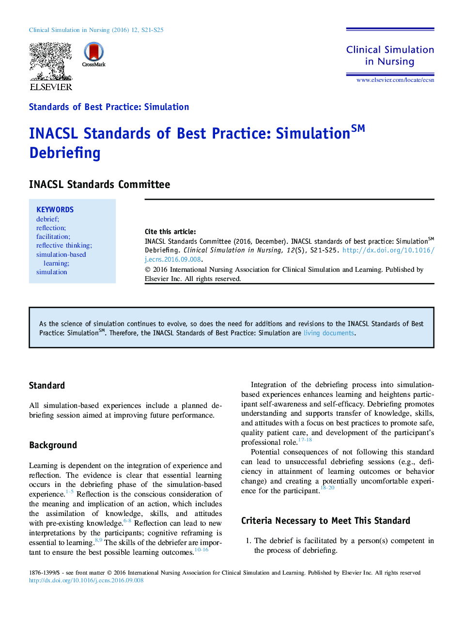 INACSL Standards of Best Practice: SimulationSM Debriefing