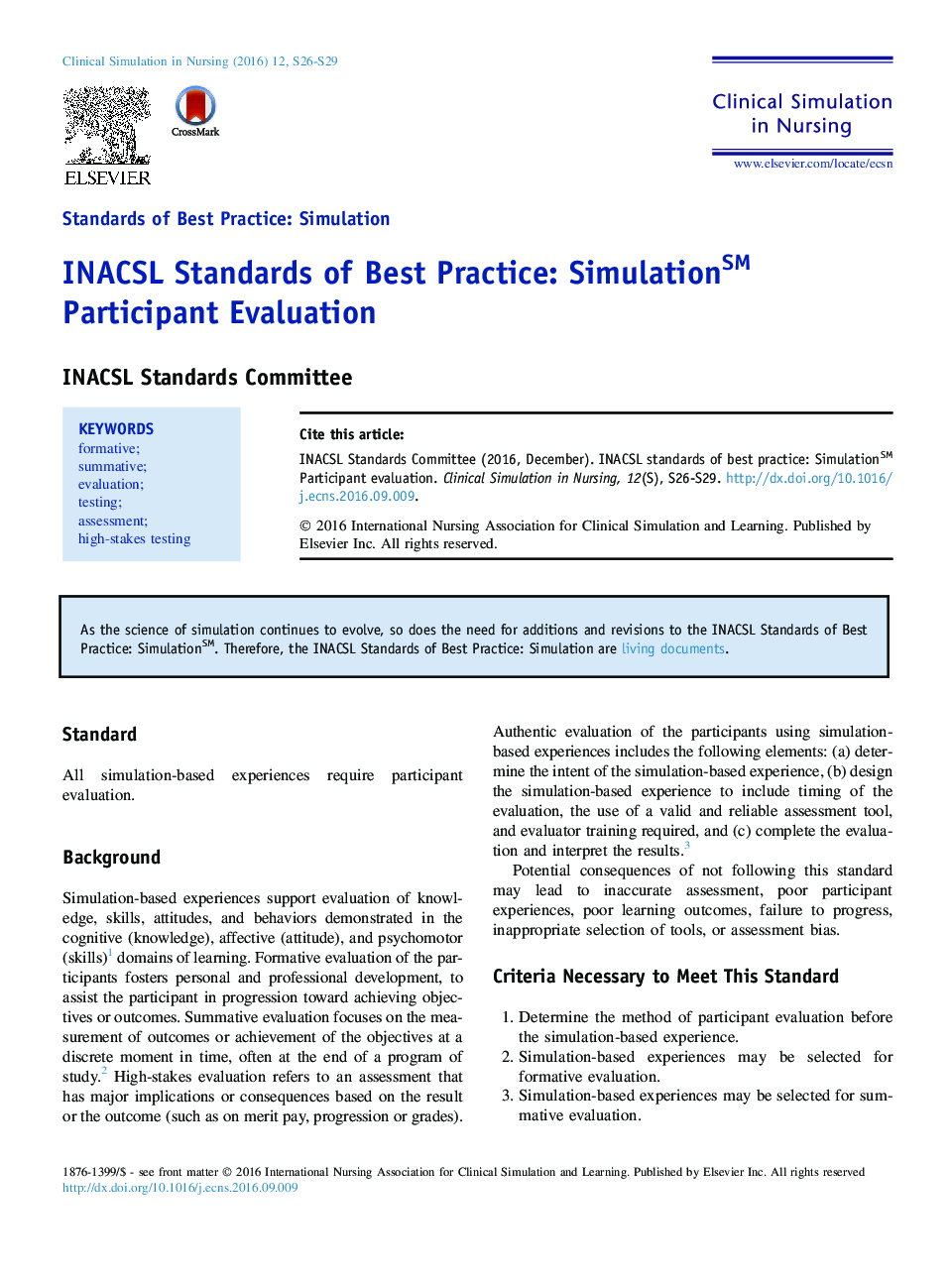 INACSL Standards of Best Practice: SimulationSM Participant Evaluation