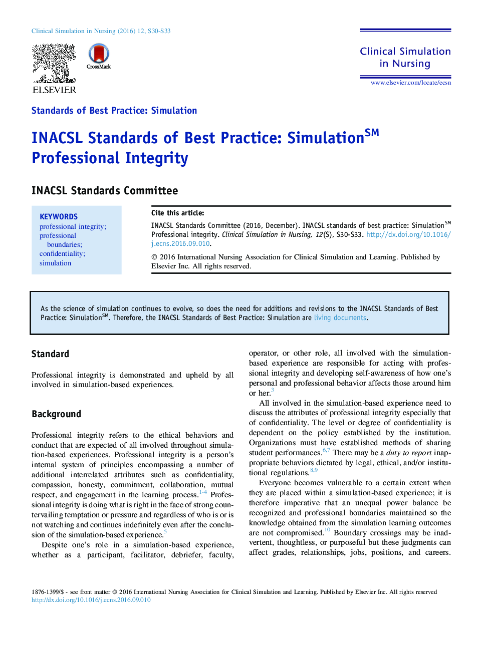 INACSL Standards of Best Practice: SimulationSM Professional Integrity
