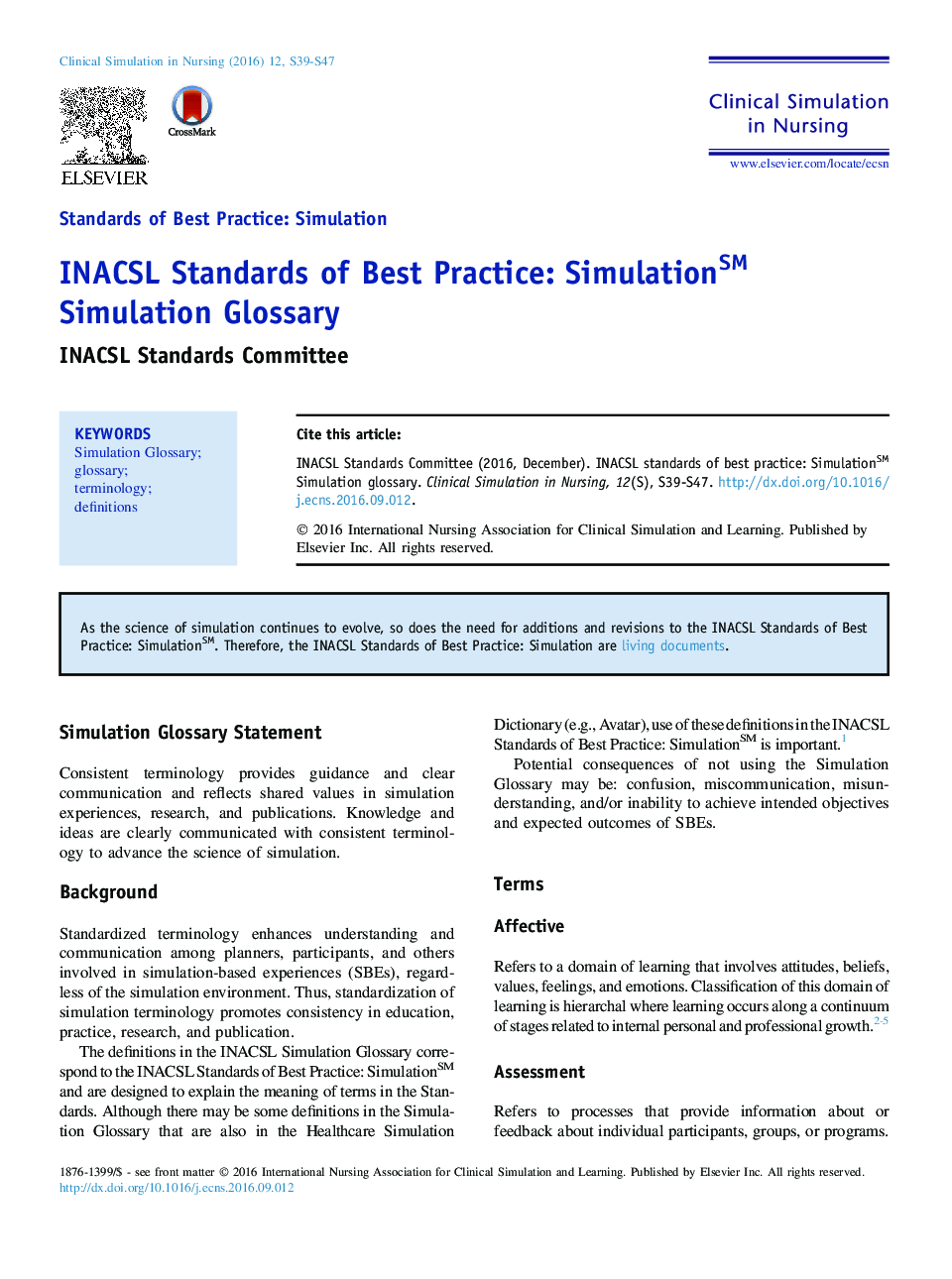 INACSL Standards of Best Practice: SimulationSM Simulation Glossary