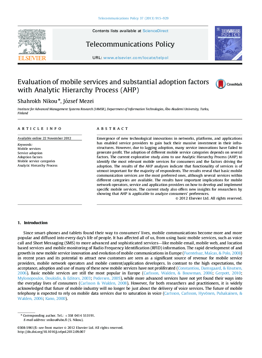 Evaluation of mobile services and substantial adoption factors with Analytic Hierarchy Process (AHP)