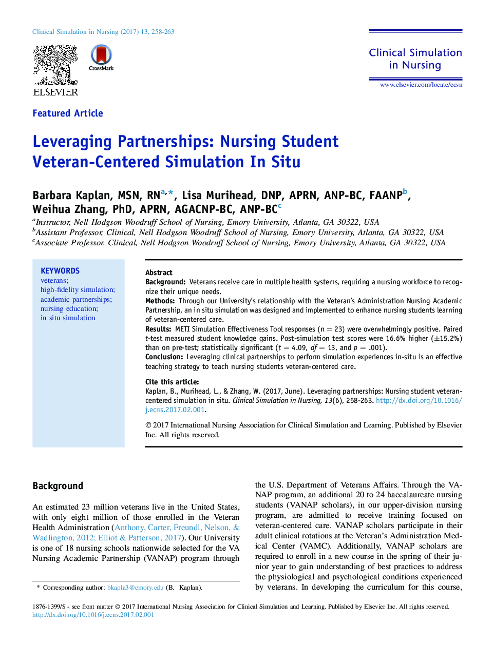 Leveraging Partnerships: Nursing Student Veteran-Centered Simulation In Situ