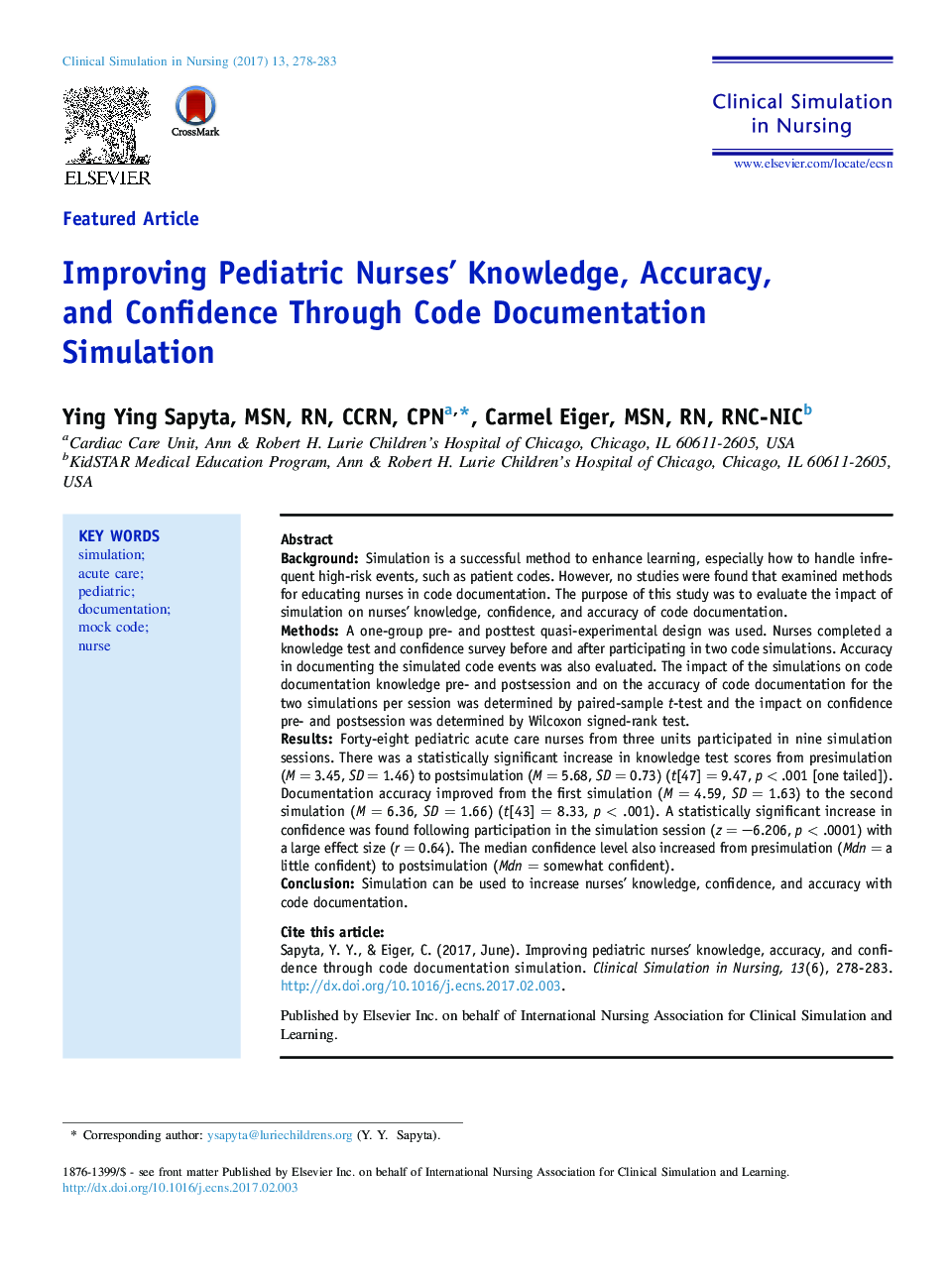 Improving Pediatric Nurses' Knowledge, Accuracy, and Confidence Through Code Documentation Simulation