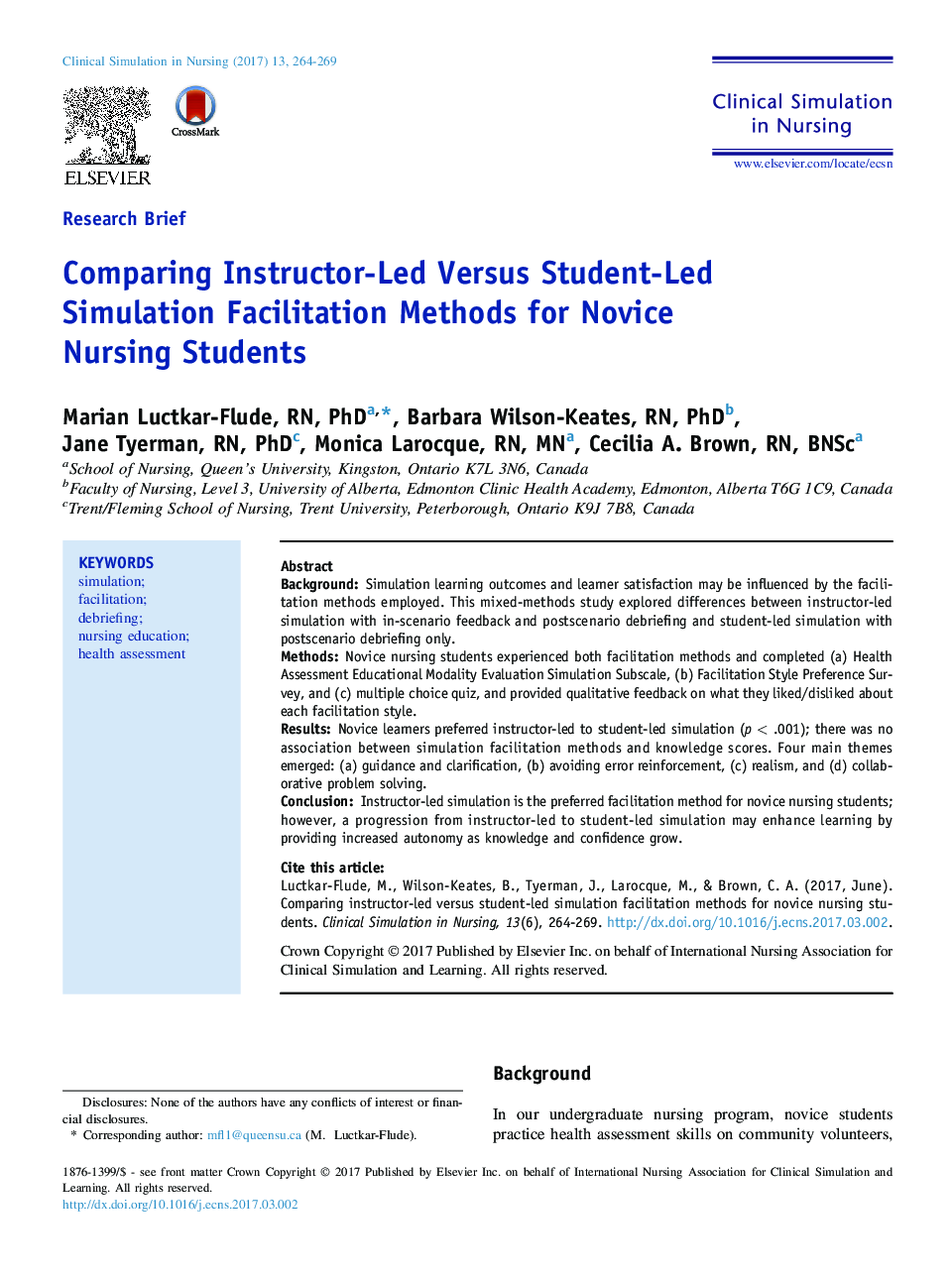 Comparing Instructor-Led Versus Student-Led Simulation Facilitation Methods for Novice Nursing Students