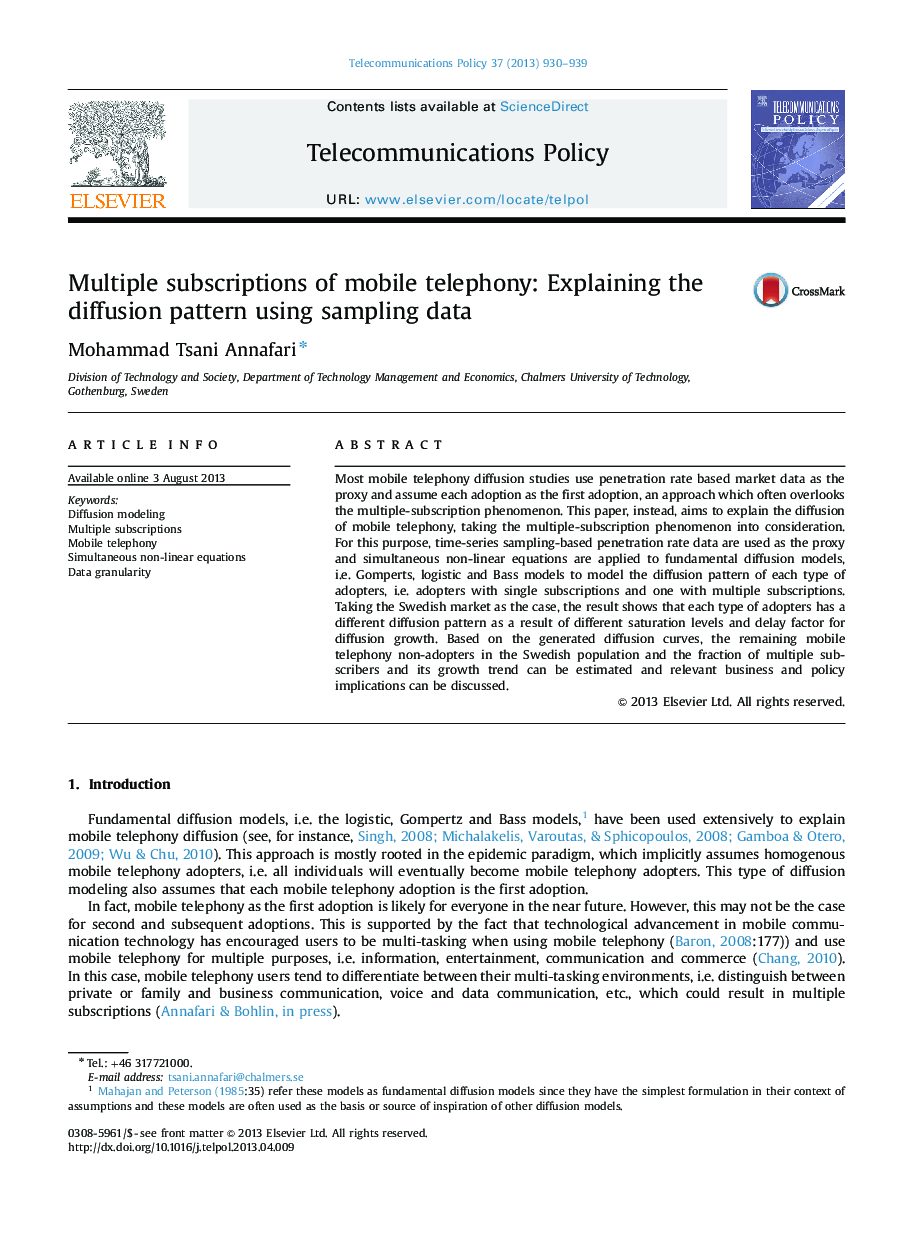 Multiple subscriptions of mobile telephony: Explaining the diffusion pattern using sampling data