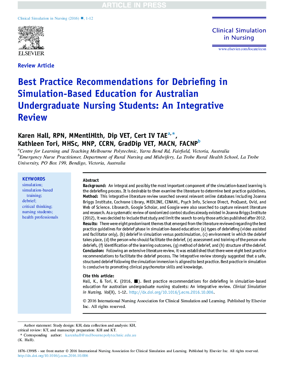 Best Practice Recommendations for Debriefing in Simulation-Based Education for Australian Undergraduate Nursing Students: An Integrative Review