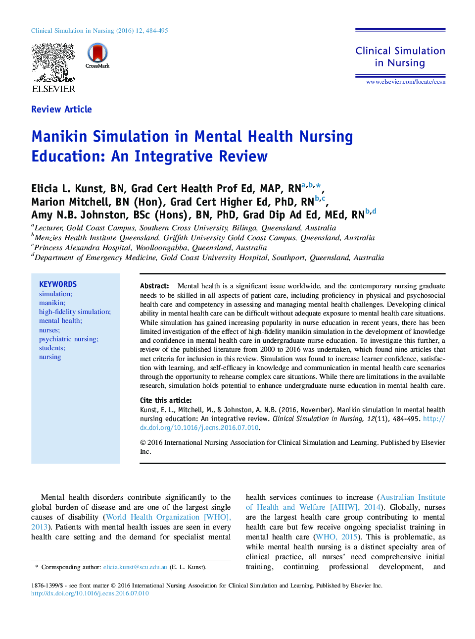 Manikin Simulation in Mental Health Nursing Education: An Integrative Review