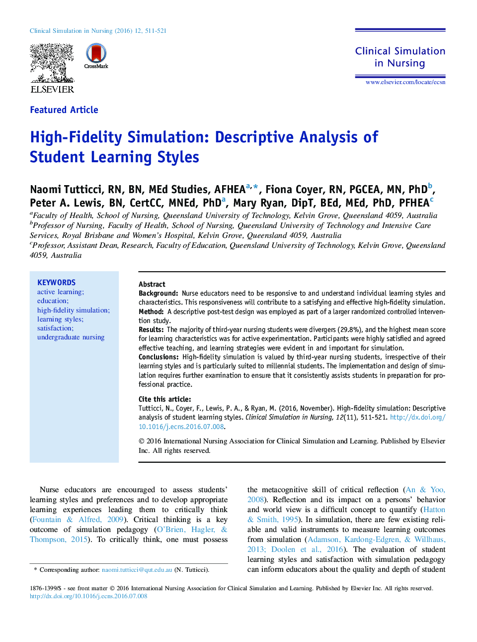High-Fidelity Simulation: Descriptive Analysis of Student Learning Styles