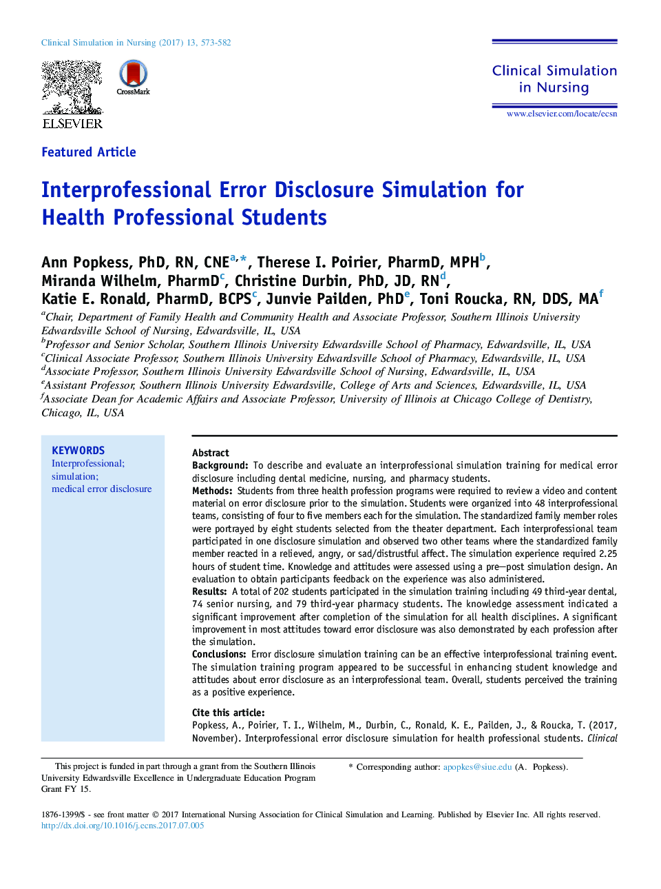 Interprofessional Error Disclosure Simulation for Health Professional Students