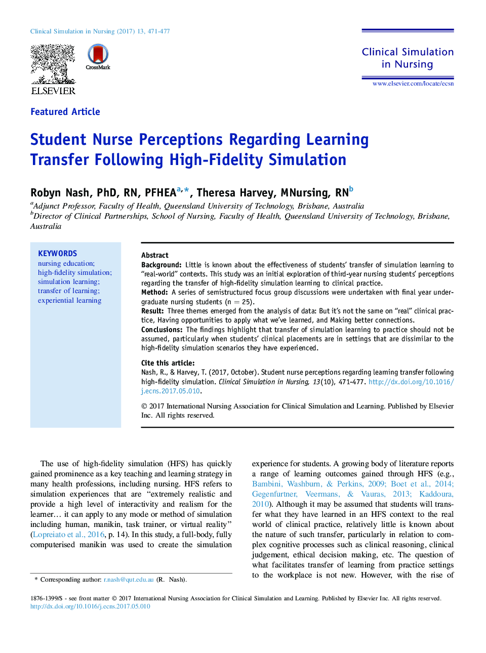 ادراک پرستار دانشجو در مورد انتقال یادگیری با استفاده از شبیه سازی بسیار بالا 
