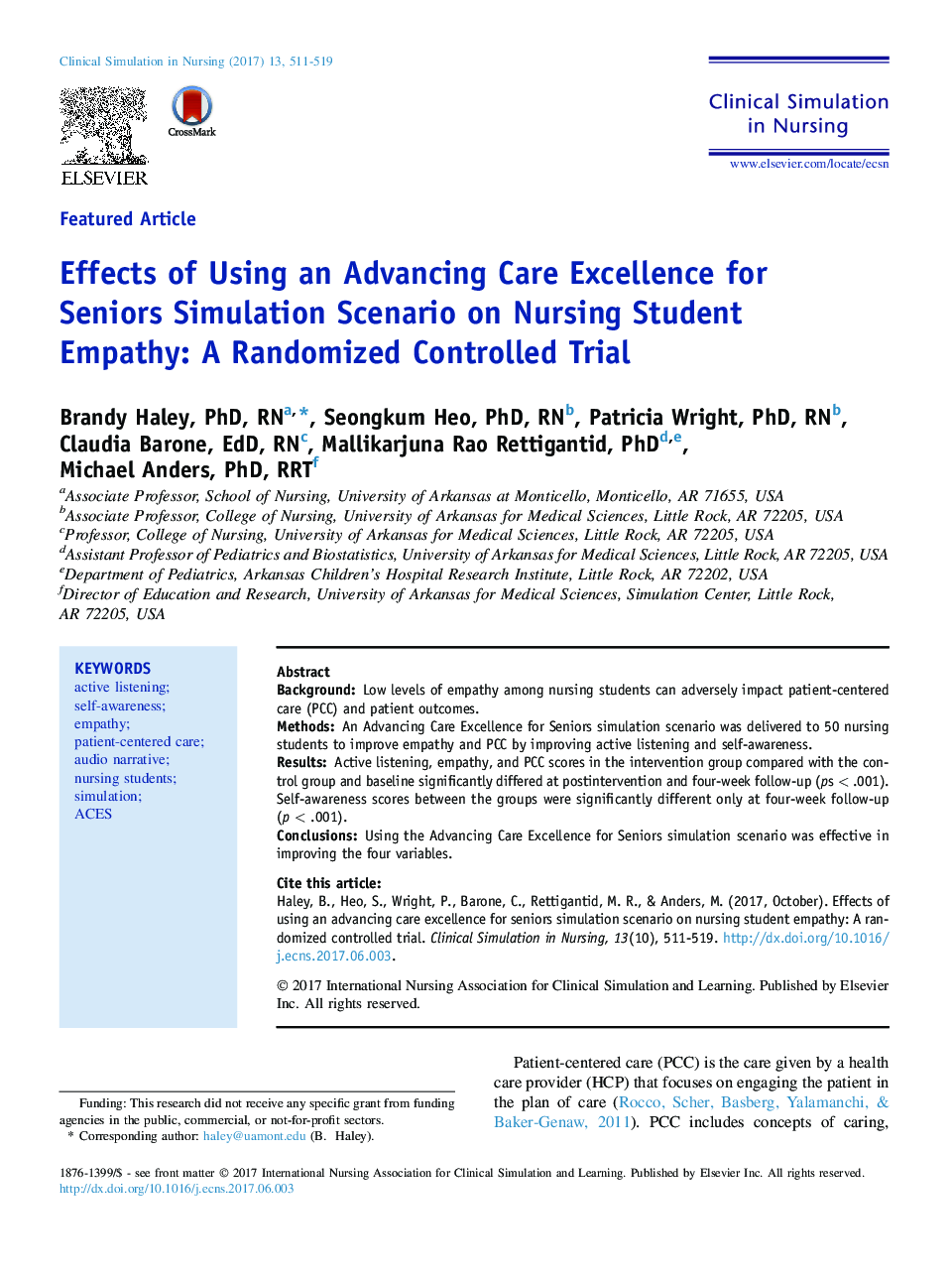 Effects of Using an Advancing Care Excellence for Seniors Simulation Scenario on Nursing Student Empathy: A Randomized Controlled Trial