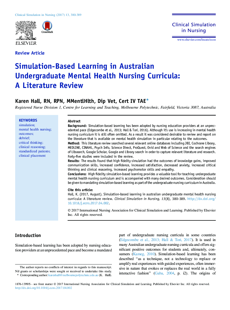 Simulation-Based Learning in Australian Undergraduate Mental Health Nursing Curricula: AÂ Literature Review