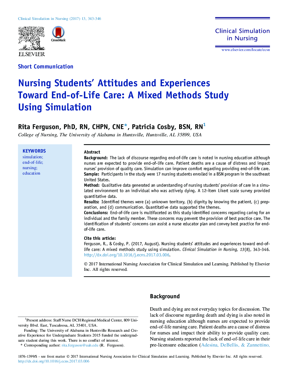 Nursing Students' Attitudes and Experiences Toward End-of-Life Care: A Mixed Methods Study Using Simulation