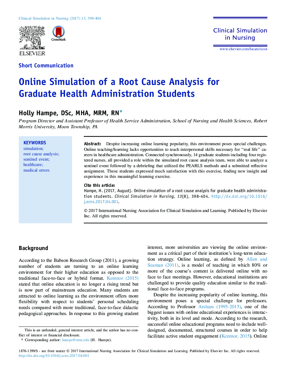 Online Simulation of a Root Cause Analysis for Graduate Health Administration Students