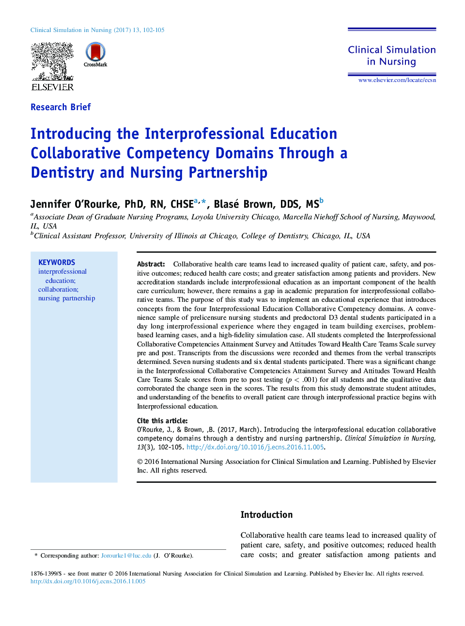 Introducing the Interprofessional Education Collaborative Competency Domains Through a Dentistry and Nursing Partnership