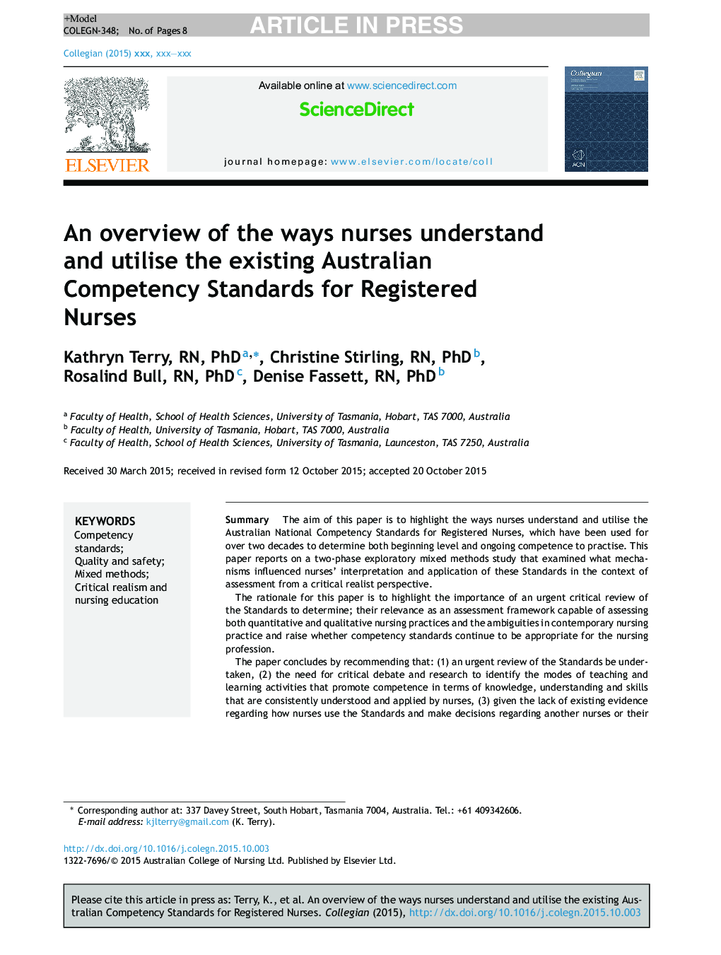 An overview of the ways nurses understand and utilise the existing Australian Competency Standards for Registered Nurses