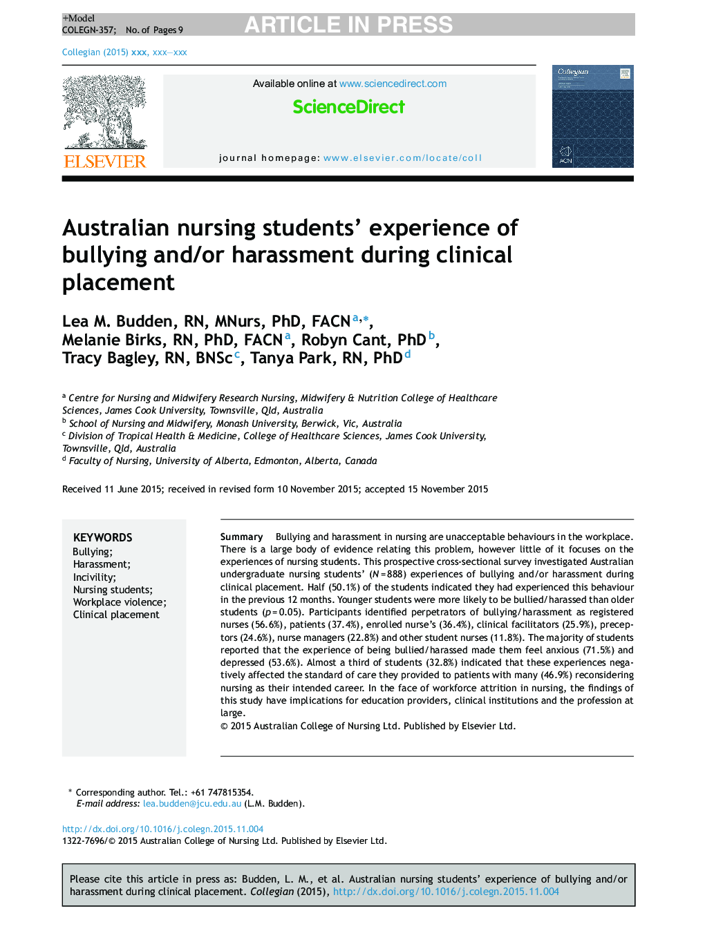 Australian nursing students' experience of bullying and/or harassment during clinical placement