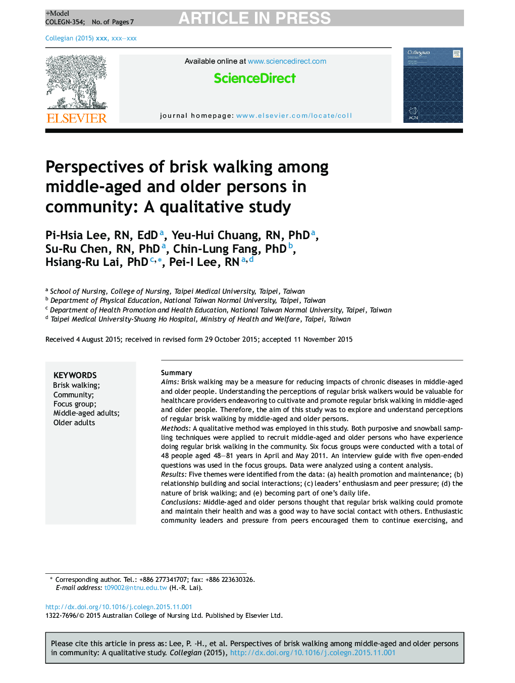Perspectives of brisk walking among middle-aged and older persons in community: A qualitative study