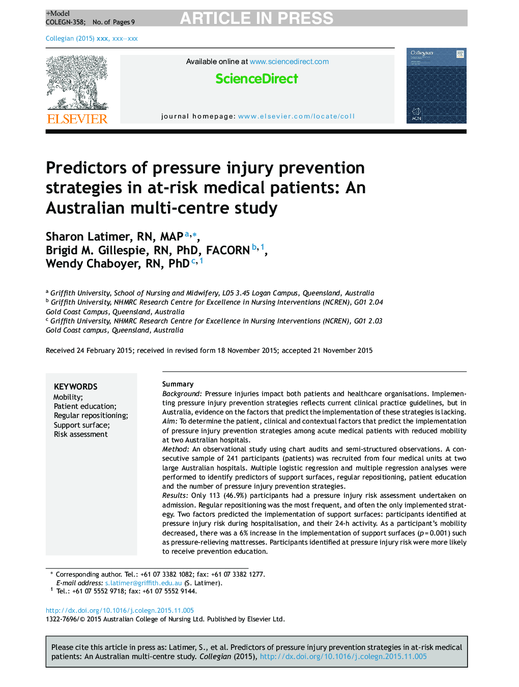 Predictors of pressure injury prevention strategies in at-risk medical patients: An Australian multi-centre study
