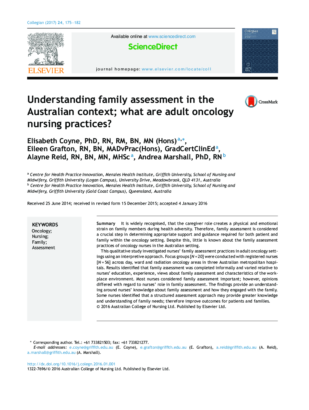 Understanding family assessment in the Australian context; what are adult oncology nursing practices?