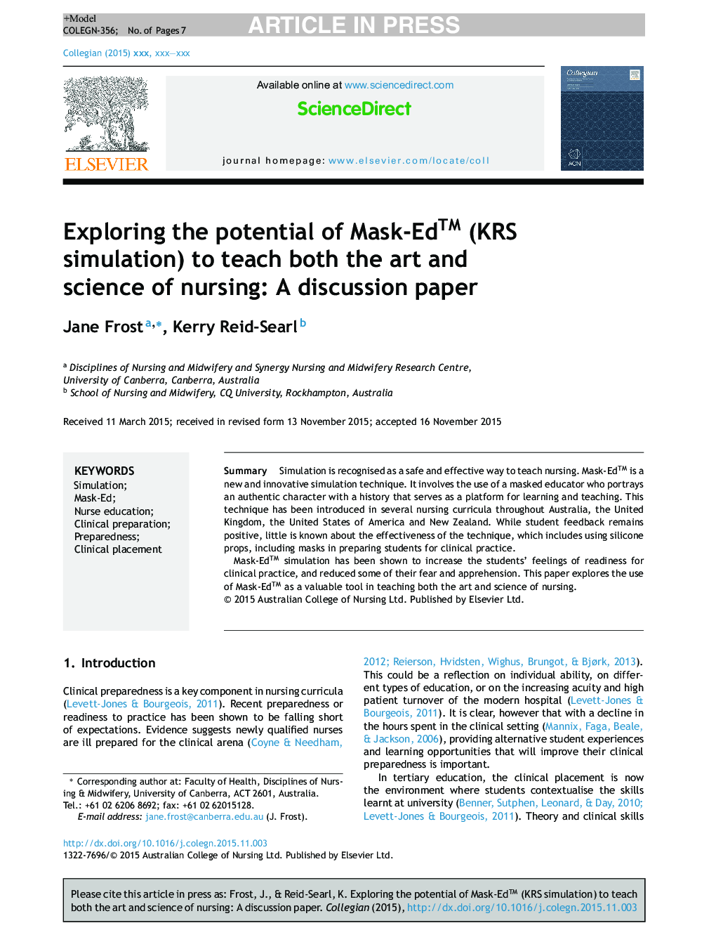 Exploring the potential of Mask-Edâ¢ (KRS simulation) to teach both the art and science of nursing: A discussion paper