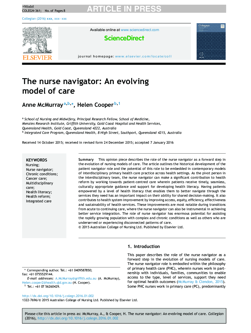 The nurse navigator: An evolving model of care
