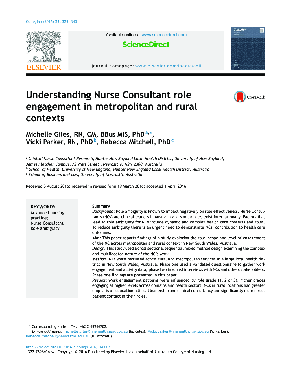 Understanding Nurse Consultant role engagement in metropolitan and rural contexts