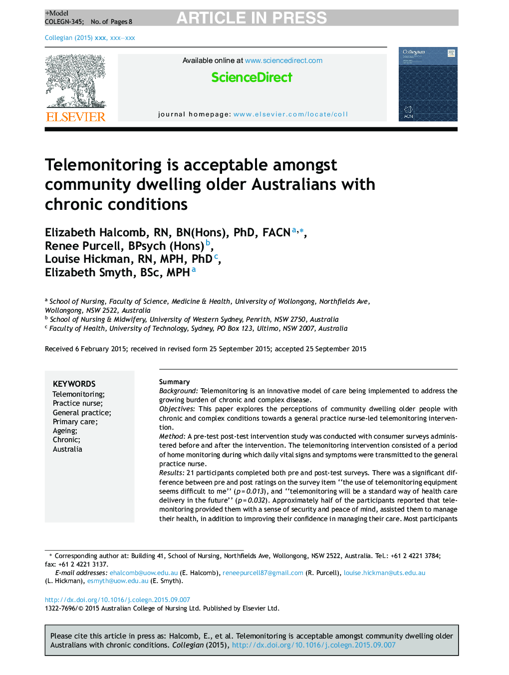 Telemonitoring is acceptable amongst community dwelling older Australians with chronic conditions