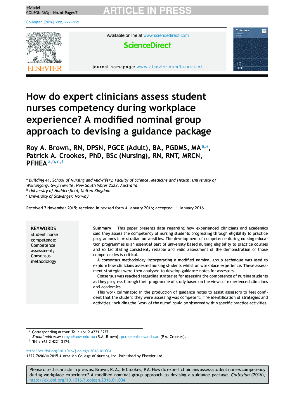 How do expert clinicians assess student nurses competency during workplace experience? A modified nominal group approach to devising a guidance package
