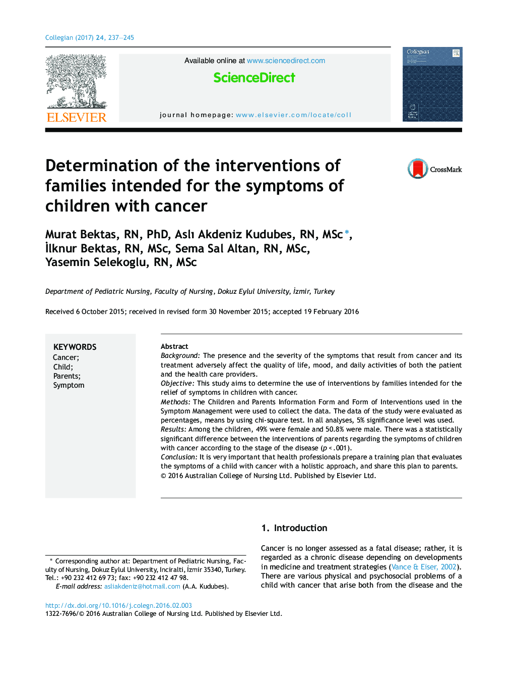 Determination of the interventions of families intended for the symptoms of children with cancer